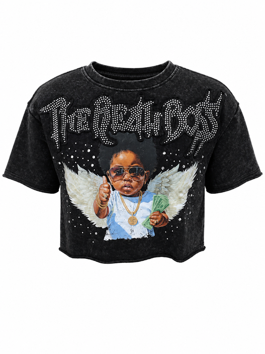 REDFOX WOMEN'S "THE REAL BOSS" FRENCH TERRY CROP TEE W/RHINESTONE (TE1627)
