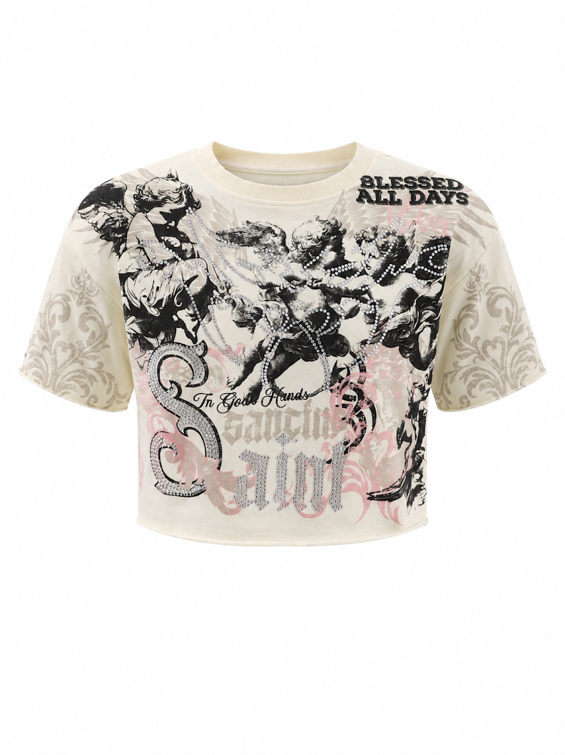 REDFOX WOMEN'S "IN GODS HANDS" FRENCH TERRY CROP TEE W/RHINESTONE  (TE1639)