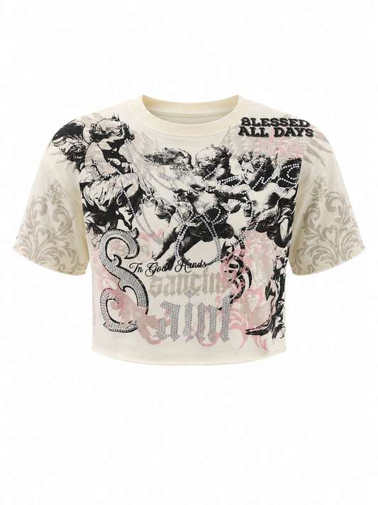 REDFOX WOMEN'S "IN GODS HANDS" FRENCH TERRY CROP TEE W/RHINESTONE  (TE1639)