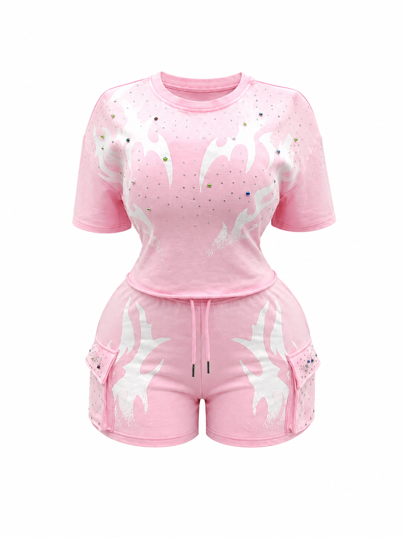 REDFOX WOMEN'S MINERAL WASH FRENCH TERRY "FLAME" W/RHINESTONE SHORT SET (ST6633S)