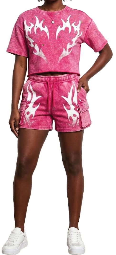 REDFOX WOMEN'S MINERAL WASH FRENCH TERRY "FLAME" W/RHINESTONE SHORT SET (ST6633S)