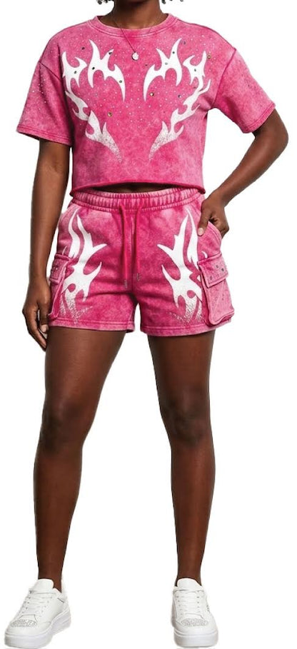 REDFOX WOMEN'S MINERAL WASH FRENCH TERRY "FLAME" W/RHINESTONE SHORT SET (ST6633S)