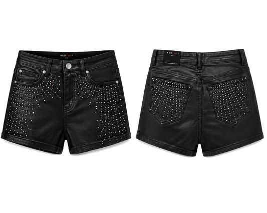 REDFOX  HIGHWAIST PULEATHER WOMEN'S SHORTS W/RHINESTONES-PS3639
