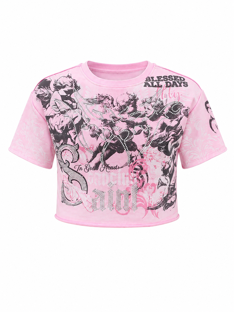 REDFOX WOMEN'S "IN GODS HANDS" FRENCH TERRY CROP TEE W/RHINESTONE  (TE1639)