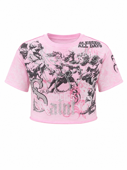 REDFOX WOMEN'S "IN GODS HANDS" FRENCH TERRY CROP TEE W/RHINESTONE  (TE1639)