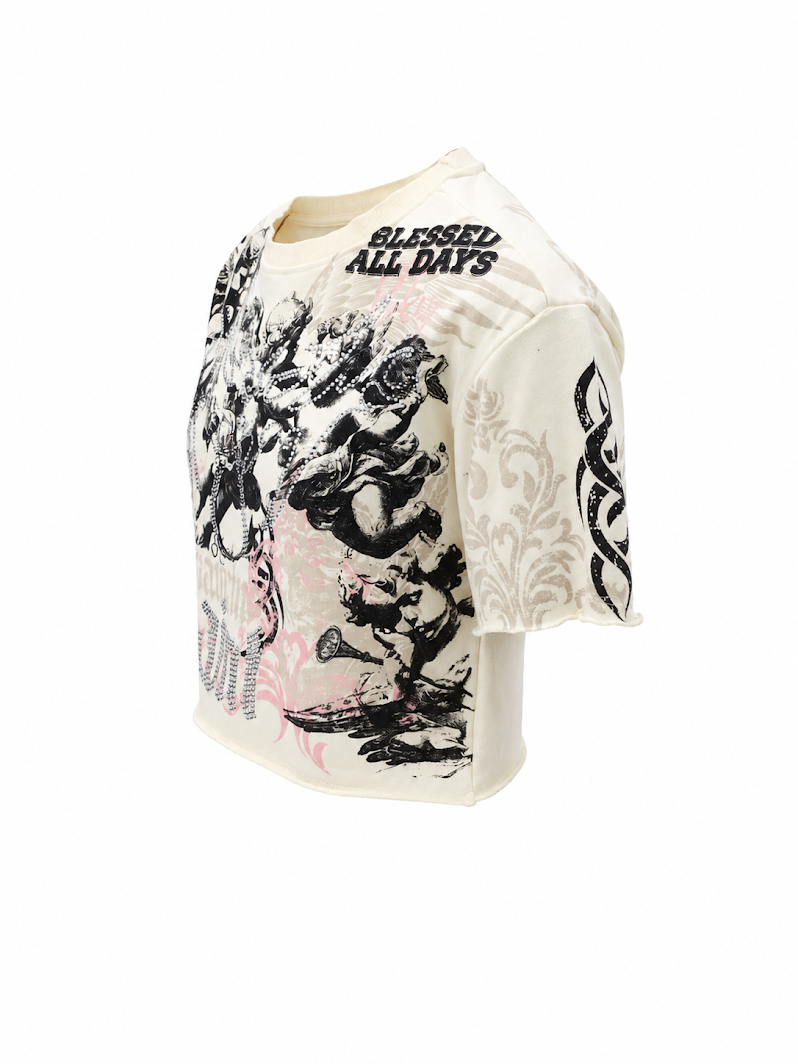 REDFOX WOMEN'S "IN GODS HANDS" FRENCH TERRY CROP TEE W/RHINESTONE  (TE1639)