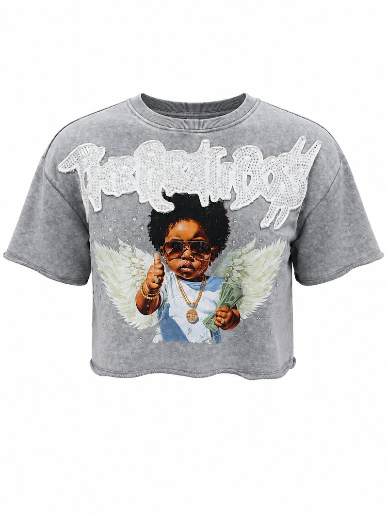 REDFOX WOMEN'S "THE REAL BOSS" FRENCH TERRY CROP TEE W/RHINESTONE (TE1627)