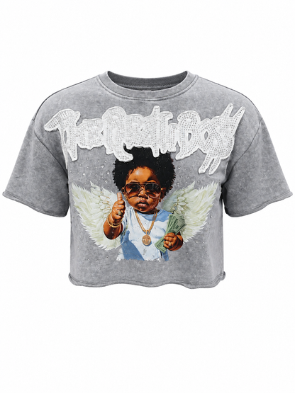 REDFOX WOMEN'S "THE REAL BOSS" FRENCH TERRY CROP TEE W/RHINESTONE (TE1627)