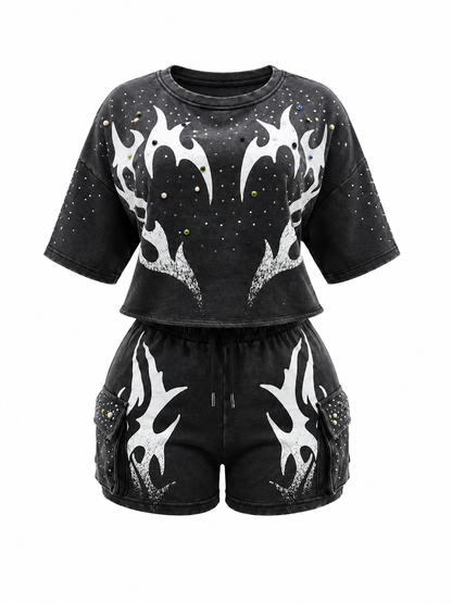 REDFOX WOMEN'S MINERAL WASH FRENCH TERRY "FLAME" W/RHINESTONE SHORT SET (ST6633S)