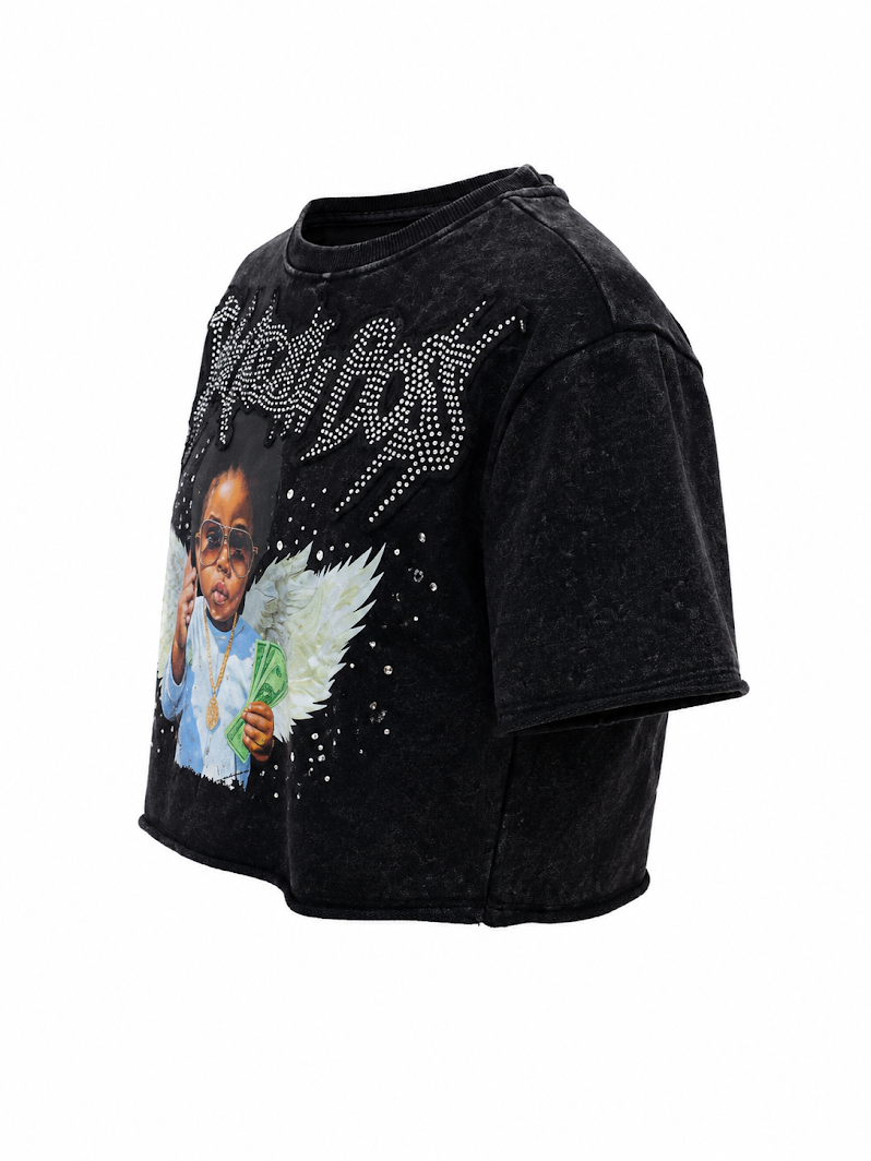 REDFOX WOMEN'S "THE REAL BOSS" FRENCH TERRY CROP TEE W/RHINESTONE (TE1627)
