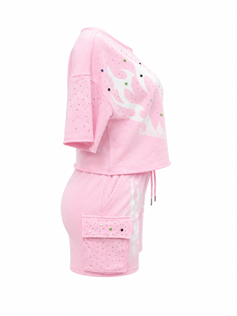REDFOX WOMEN'S MINERAL WASH FRENCH TERRY "FLAME" W/RHINESTONE SHORT SET (ST6633S)