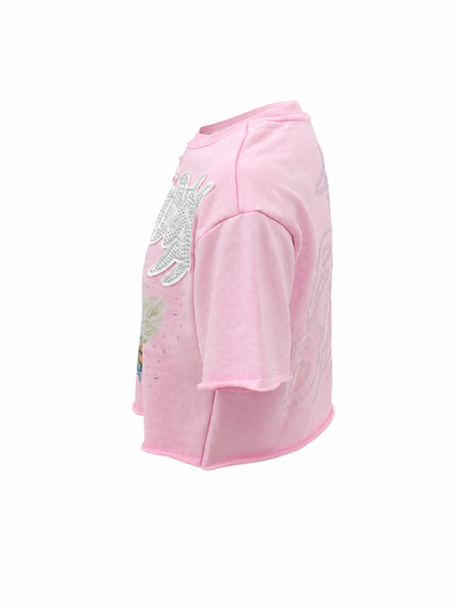 REDFOX WOMEN'S "THE REAL BOSS" FRENCH TERRY CROP TEE W/RHINESTONE (TE1627)