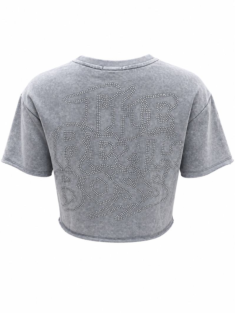 REDFOX WOMEN'S "THE REAL BOSS" FRENCH TERRY CROP TEE W/RHINESTONE (TE1627)