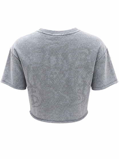 REDFOX WOMEN'S "THE REAL BOSS" FRENCH TERRY CROP TEE W/RHINESTONE (TE1627)