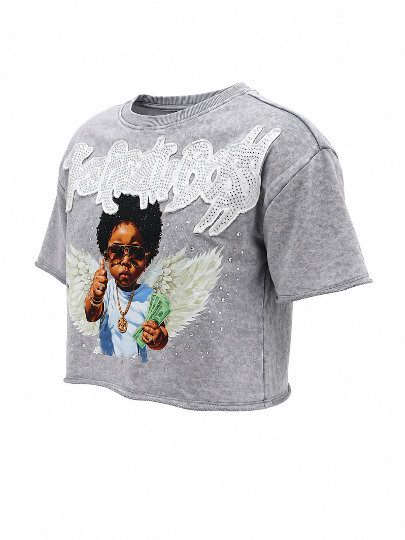 REDFOX WOMEN'S "THE REAL BOSS" FRENCH TERRY CROP TEE W/RHINESTONE (TE1627)