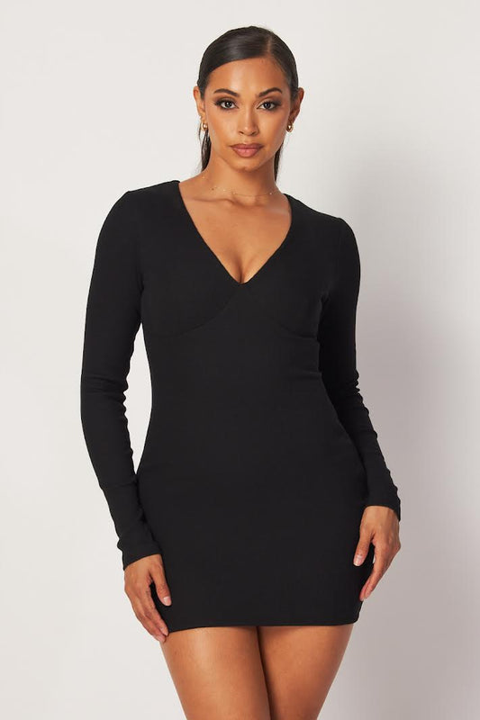 HOT&DELICIOUS DEEP V NECK RIB BODYCON DRESS