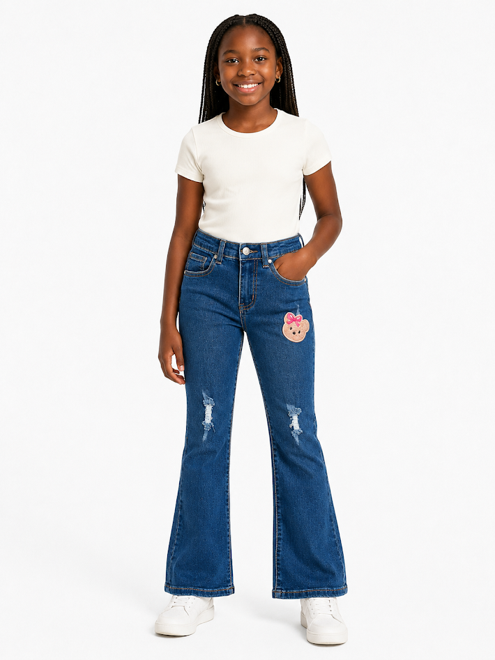 CUTIE PATOOTIE DENIM FLARE LEG BEAR PANTS