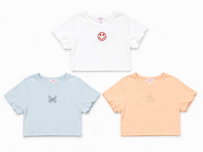 CUTIE PATOOTIE GIRL'S SHORT SLEEVE TOP W/HAPPY FACE EMBROIDERY