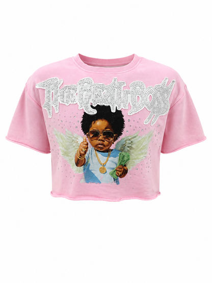 REDFOX WOMEN'S "THE REAL BOSS" FRENCH TERRY CROP TEE W/RHINESTONE (TE1627)