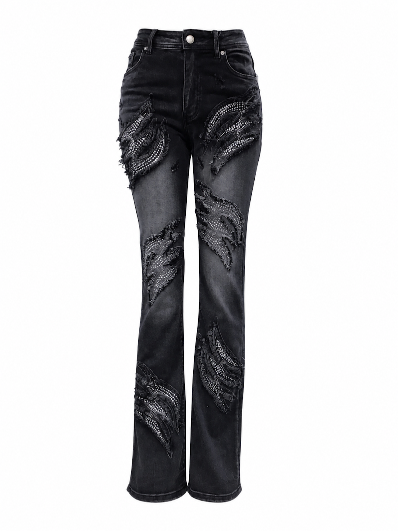REDFOX WOMEN  ANGEL WINGS W/RHINESTONES STACKED JEANS (PA9600)