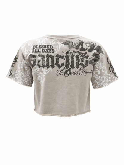 REDFOX WOMEN'S "IN GODS HANDS" FRENCH TERRY CROP TEE W/RHINESTONE  (TE1639)