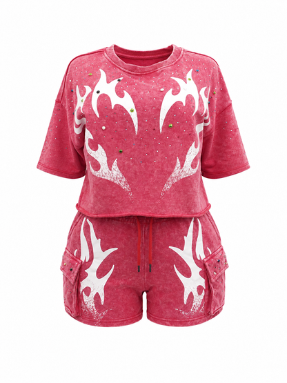 REDFOX WOMEN'S MINERAL WASH FRENCH TERRY "FLAME" W/RHINESTONE SHORT SET (ST6633S)