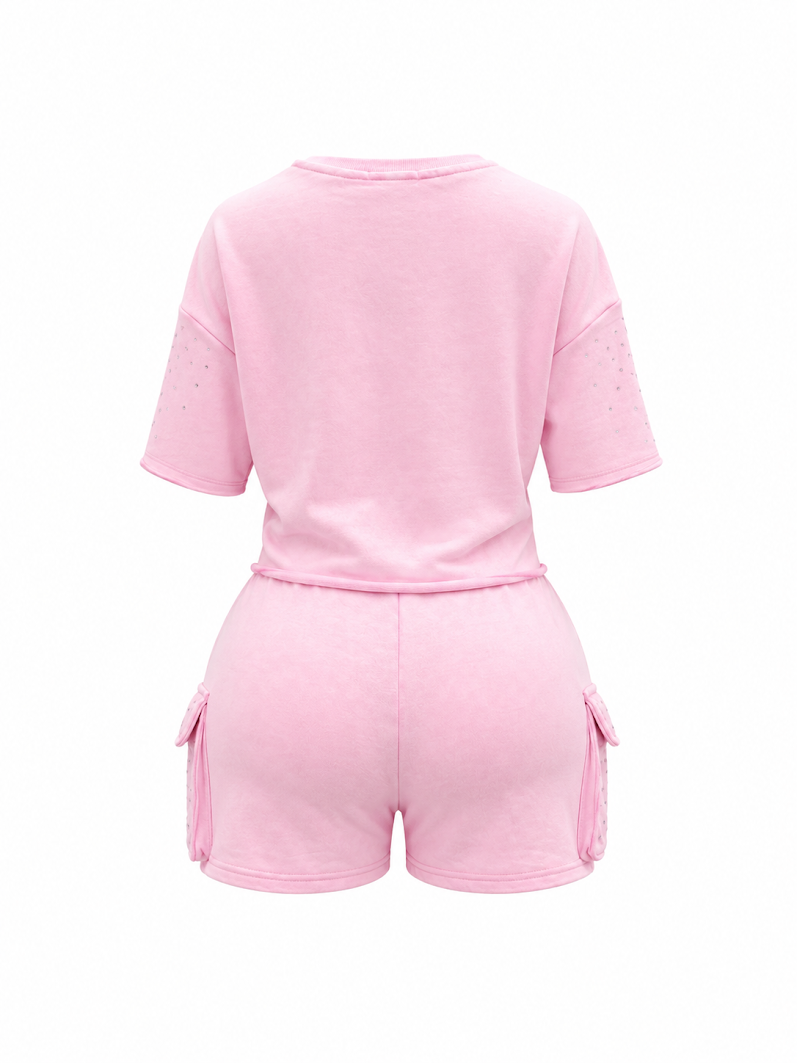 REDFOX WOMEN'S MINERAL WASH FRENCH TERRY "FLAME" W/RHINESTONE SHORT SET (ST6633S)