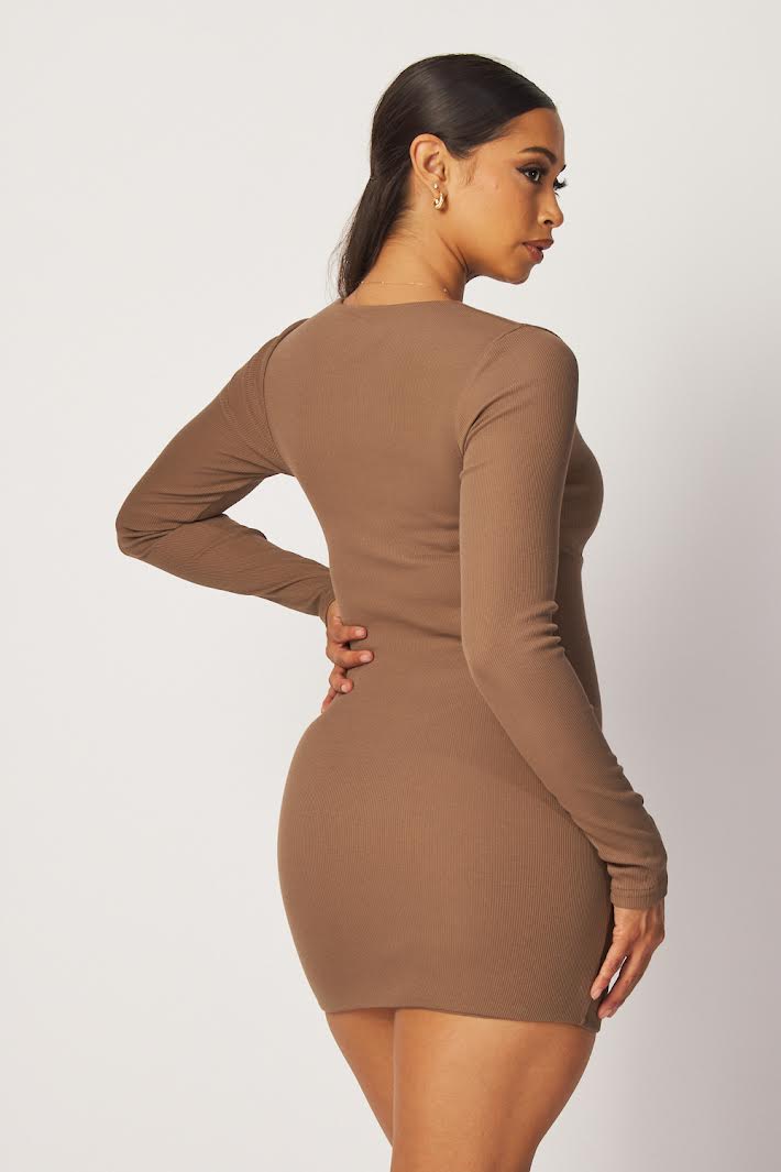 HOT&DELICIOUS DEEP V NECK RIB BODYCON DRESS