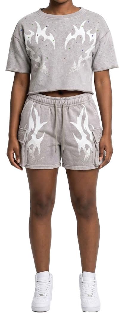 REDFOX WOMEN'S MINERAL WASH FRENCH TERRY "FLAME" W/RHINESTONE SHORT SET (ST6633S)