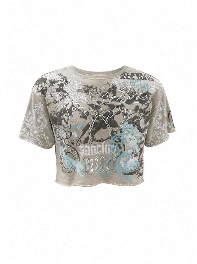 REDFOX WOMEN'S "IN GODS HANDS" FRENCH TERRY CROP TEE W/RHINESTONE  (TE1639)