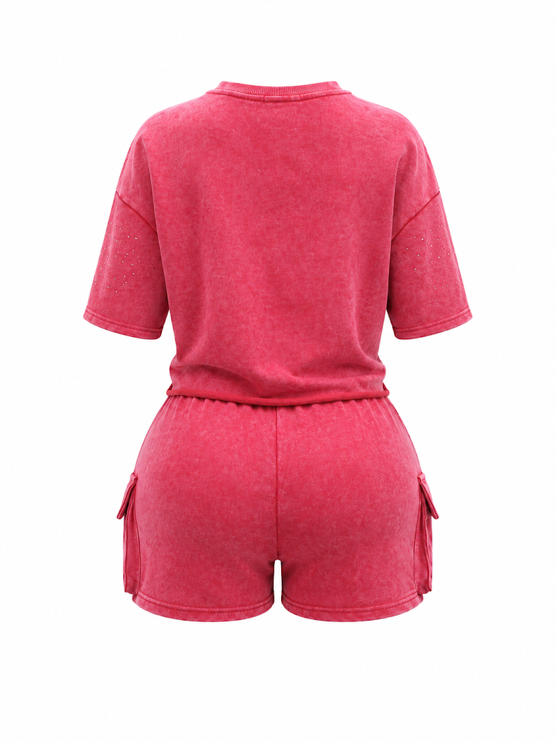 REDFOX WOMEN'S MINERAL WASH FRENCH TERRY "FLAME" W/RHINESTONE SHORT SET (ST6633S)