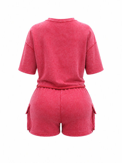 REDFOX WOMEN'S MINERAL WASH FRENCH TERRY "FLAME" W/RHINESTONE SHORT SET (ST6633S)