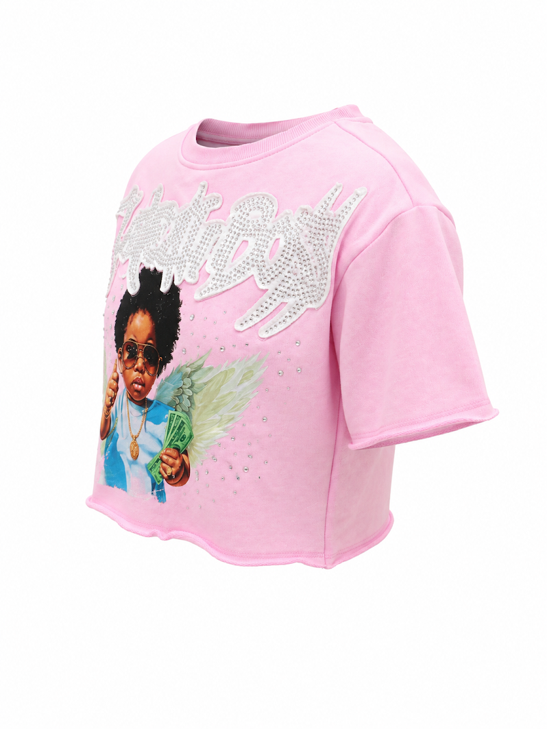 REDFOX WOMEN'S "THE REAL BOSS" FRENCH TERRY CROP TEE W/RHINESTONE (TE1627)