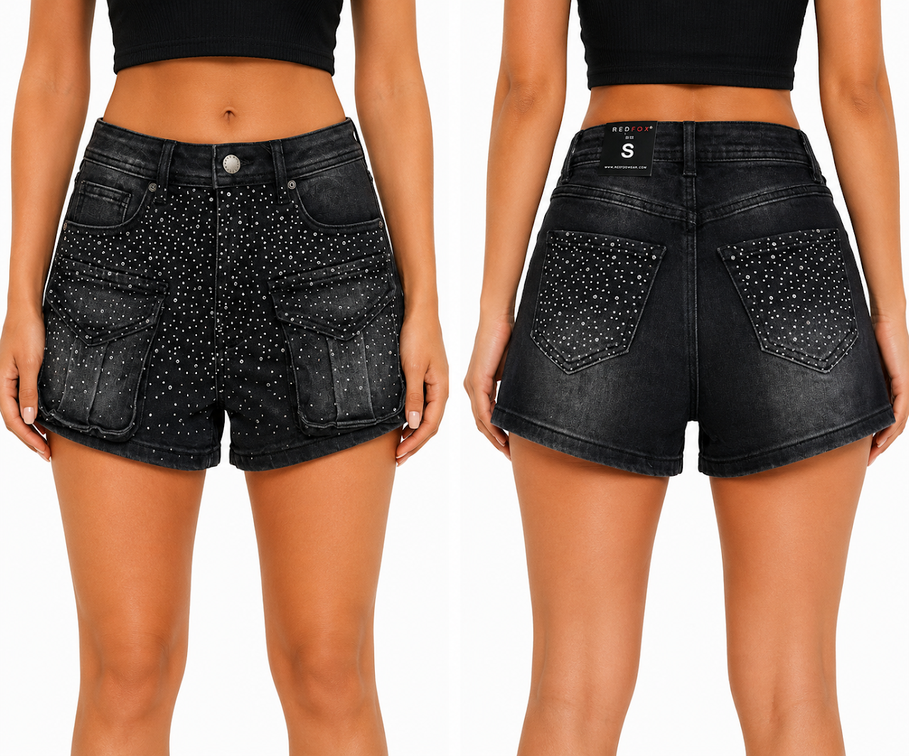 REDFOX WOMEN'S FRONT POCKET RHINESTONE SHORTS