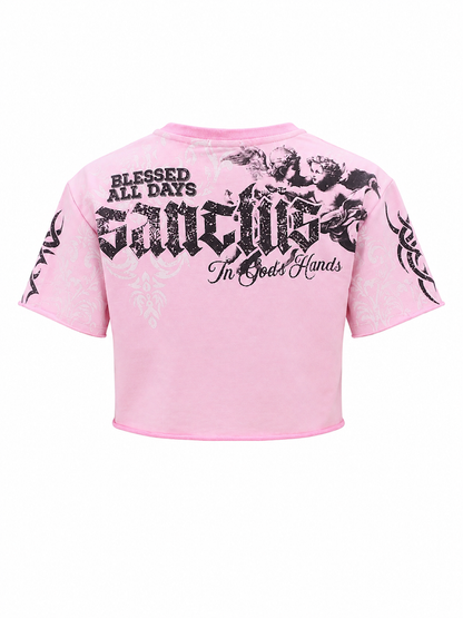 REDFOX WOMEN'S "IN GODS HANDS" FRENCH TERRY CROP TEE W/RHINESTONE  (TE1639)