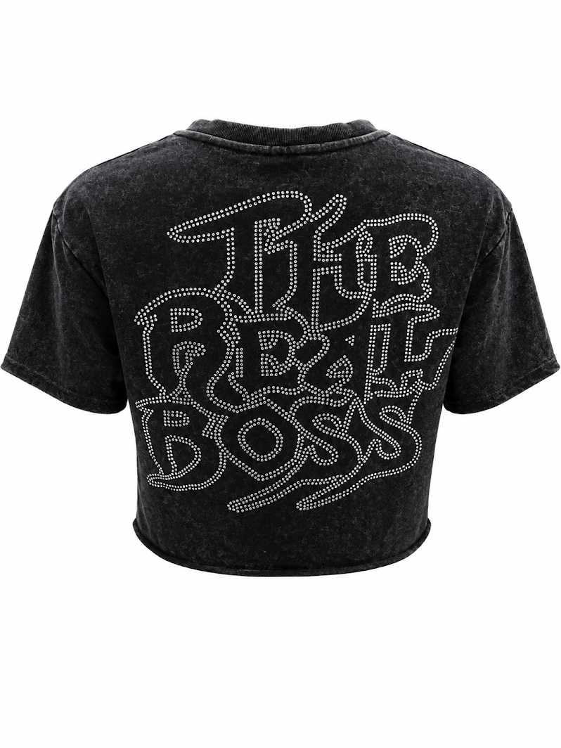 REDFOX WOMEN'S "THE REAL BOSS" FRENCH TERRY CROP TEE W/RHINESTONE (TE1627)