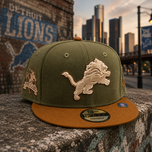 NEW ERA DETROIT LIONS OLIVE/PANAMA TAN 75 SEASONS 9FIFTY SNAPBACK CAP