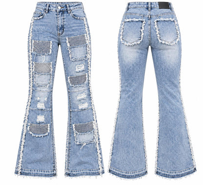 AMERICAN BAZI WOMEN'S STACKED RHINESTONE CARGO JEANS (RJH10733)