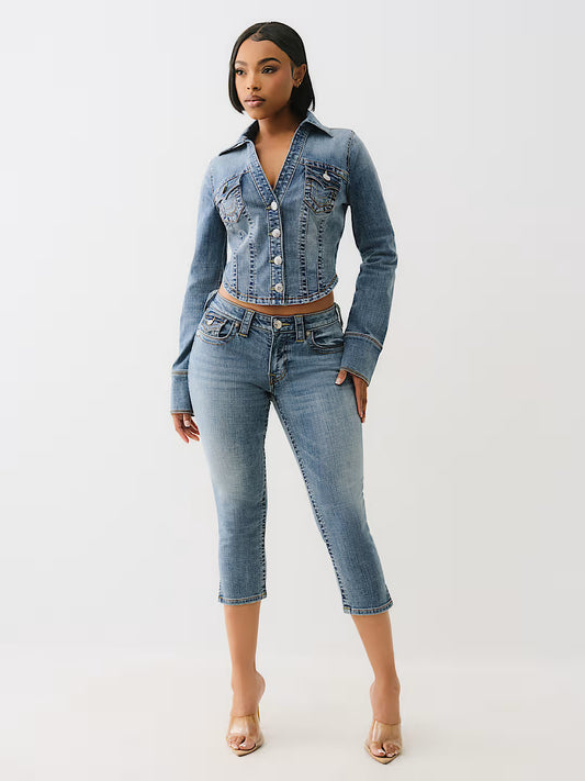 TRUE RELIGION WOMEN'S JENNIE MID RISE FLAP SKINNY CAPRI (208735)