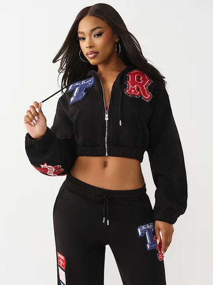 TRUE RELIGION WOMEN'S CRYSTAL PATCH GIRLFRIEND ZIP HOODIE (#210555C)