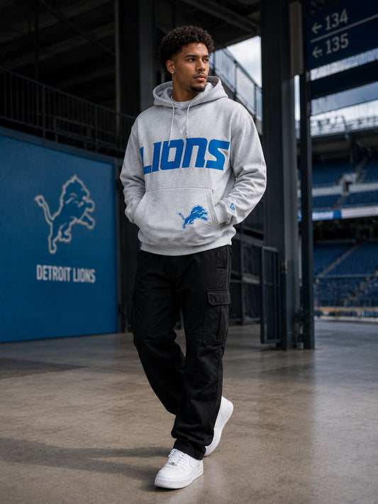 NEW ERA MEN  DETROIT LIONS GRAY LOGO PULLOVER HOODIE