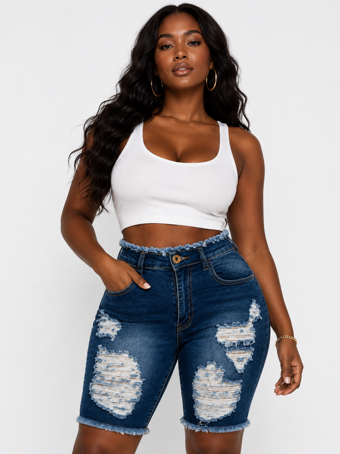 REDFOX WOMEN HIGH WAIST DISTRESSED BERMUDA DENIM SHORT