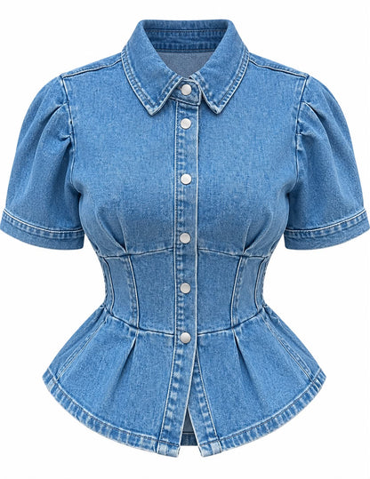 HOT & DELICIOUS WOMEN'S DENIM CORSET WASIT PEPLUM TOP (HGT9936)