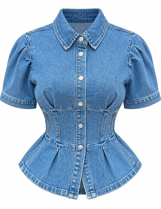 HOT & DELICIOUS WOMEN'S DENIM CORSET WASIT PEPLUM TOP (HGT9936)