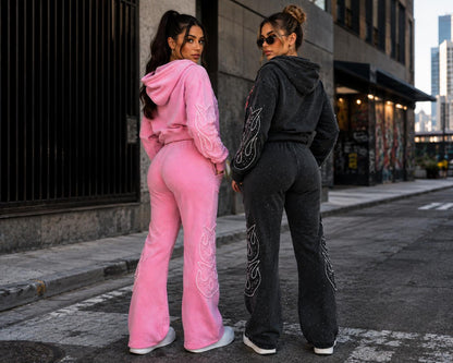 REDFOX WOMEN SAINT W/PATCH AND RHINESTONE FLEECE JOGGING SUIT (2PCS SET)