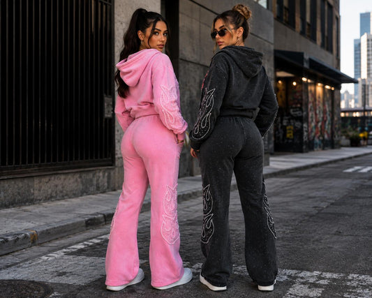 REDFOX WOMEN SAINT W/PATCH AND RHINESTONE FLEECE JOGGING SUIT (2PCS SET)
