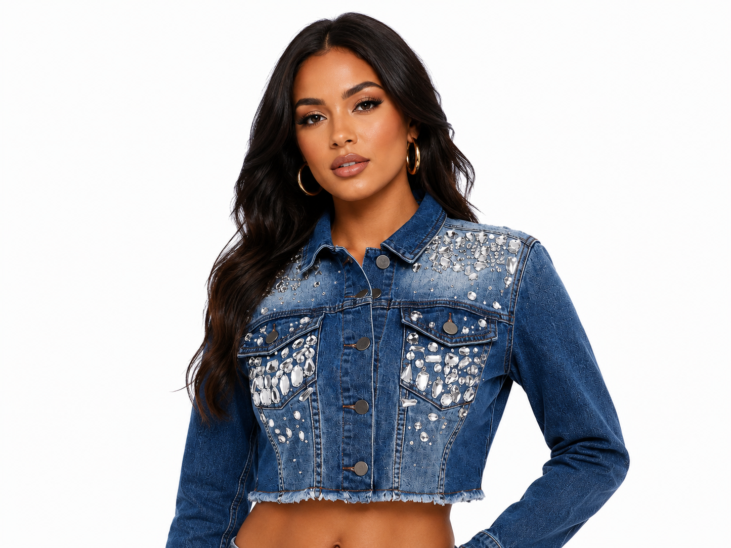 HOT & DELICIOUS RHINESTONE CROP DENIM JACKET