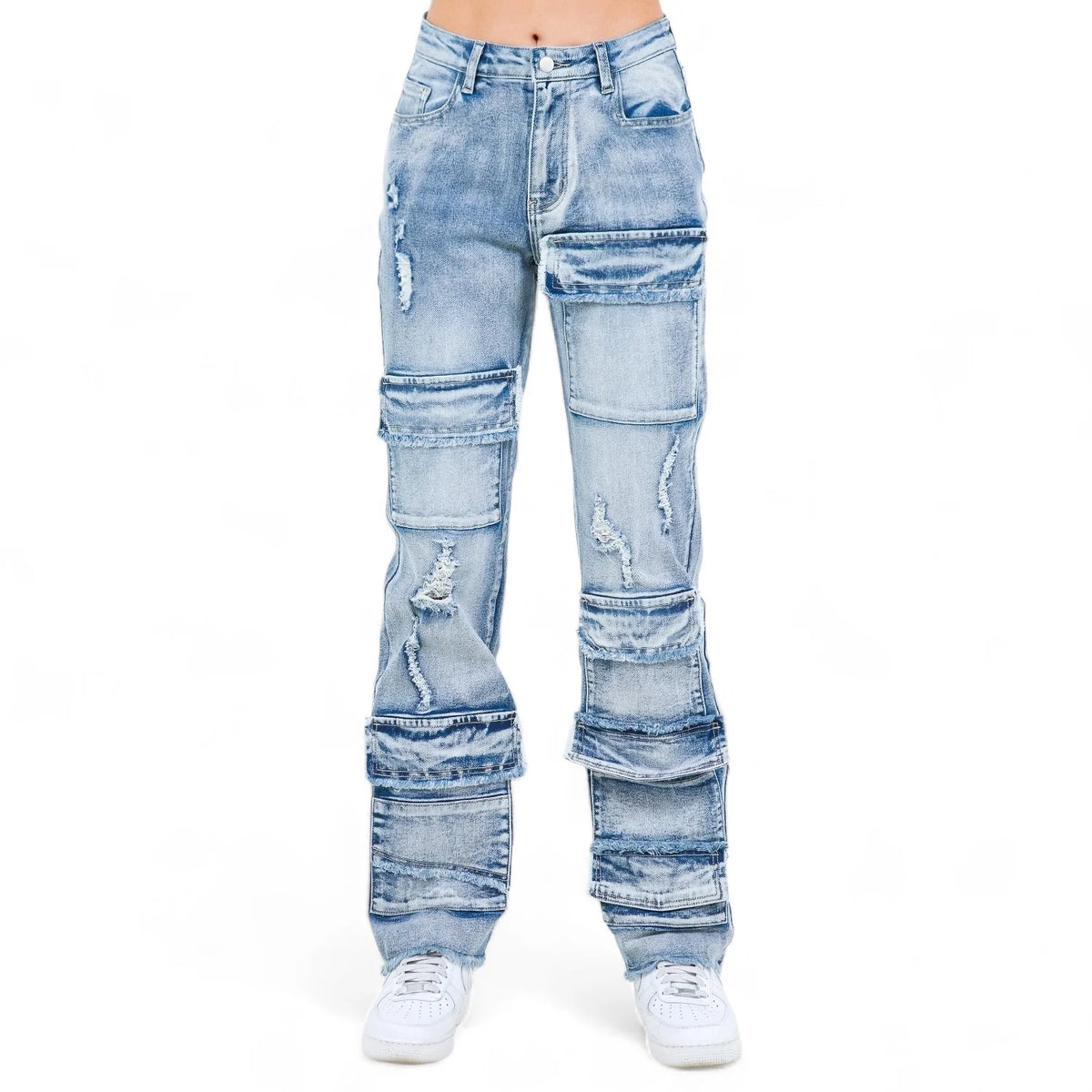 AMERICAN BAZI WOMEN'S DISTRESSED MULTI POCKET WIDE LEG JEANS (RJH21003)