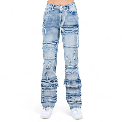 AMERICAN BAZI WOMEN'S DISTRESSED MULTI POCKET WIDE LEG JEANS (RJH21003)