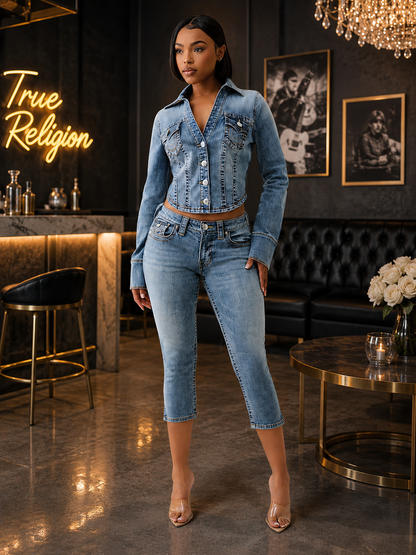 TRUE RELIGION WOMEN'S JENNIE MID RISE FLAP SKINNY CAPRI